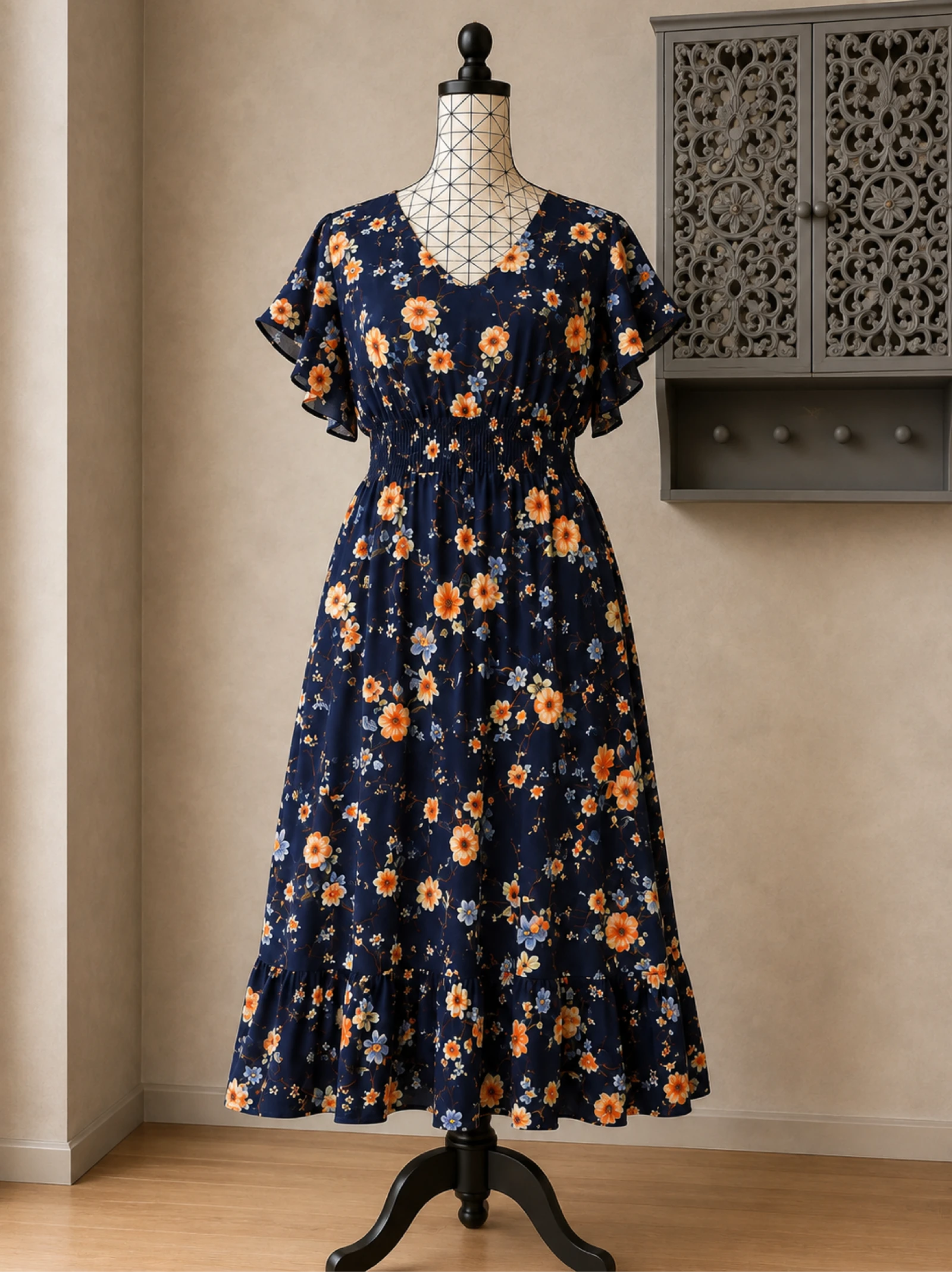 💖 robe longue bleu marine fleurie grande taille 54 fluide bohème chic romantique 💖